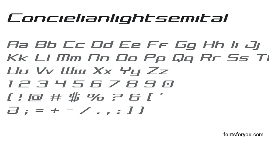 Schriftart Concielianlightsemital – Alphabet, Zahlen, spezielle Symbole