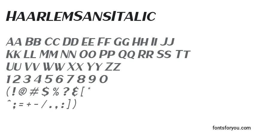 Schriftart HaarlemSansItalic – Alphabet, Zahlen, spezielle Symbole