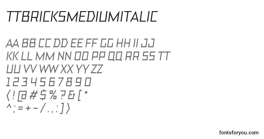 Шрифт TtBricksMediumItalic – алфавит, цифры, специальные символы