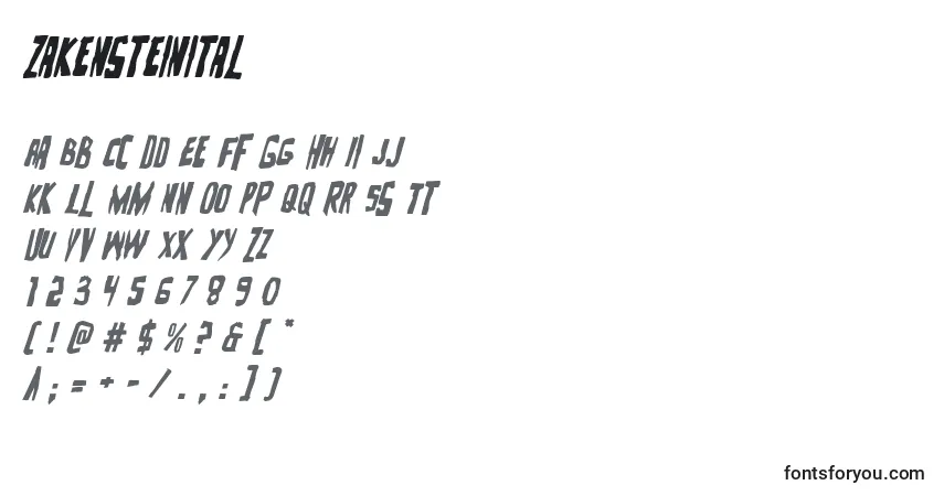 Schriftart Zakensteinital – Alphabet, Zahlen, spezielle Symbole