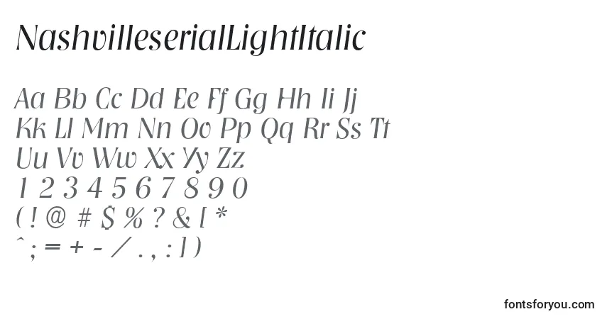Schriftart NashvilleserialLightItalic – Alphabet, Zahlen, spezielle Symbole