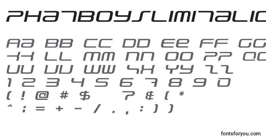 A fonte PhatboySlimItalic – alfabeto, números, caracteres especiais