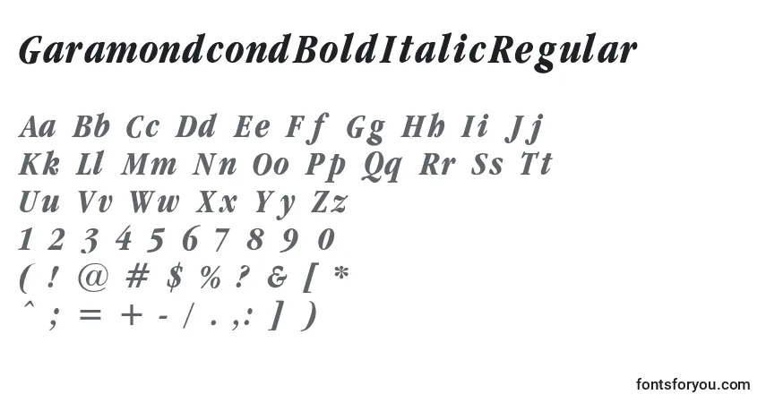 Czcionka GaramondcondBoldItalicRegular – alfabet, cyfry, specjalne znaki