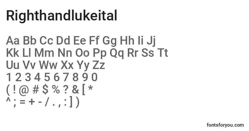 Czcionka Righthandlukeital – alfabet, cyfry, specjalne znaki