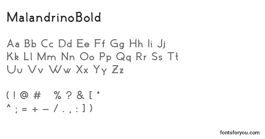 Czcionka MalandrinoBold – alfabet, cyfry, specjalne znaki