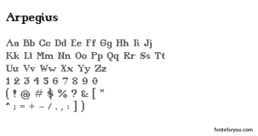 A fonte Arpegius – alfabeto, números, caracteres especiais