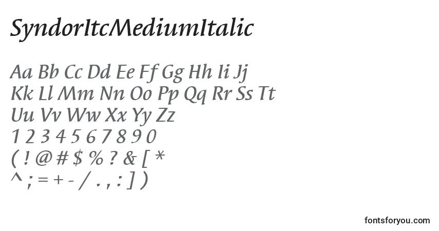Шрифт SyndorItcMediumItalic – алфавит, цифры, специальные символы