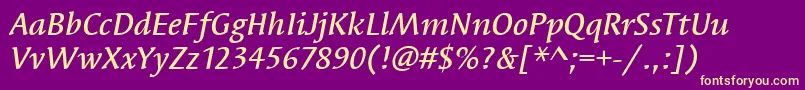 Fonte SyndorItcMediumItalic – fontes amarelas em um fundo roxo