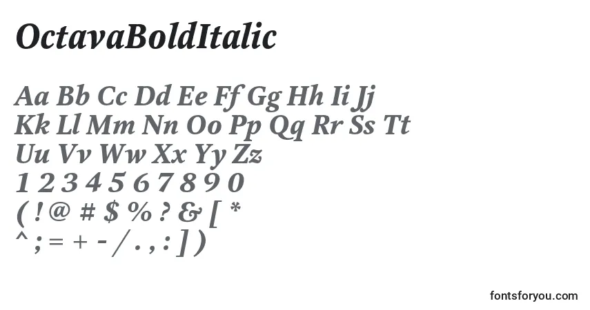 Czcionka OctavaBoldItalic – alfabet, cyfry, specjalne znaki