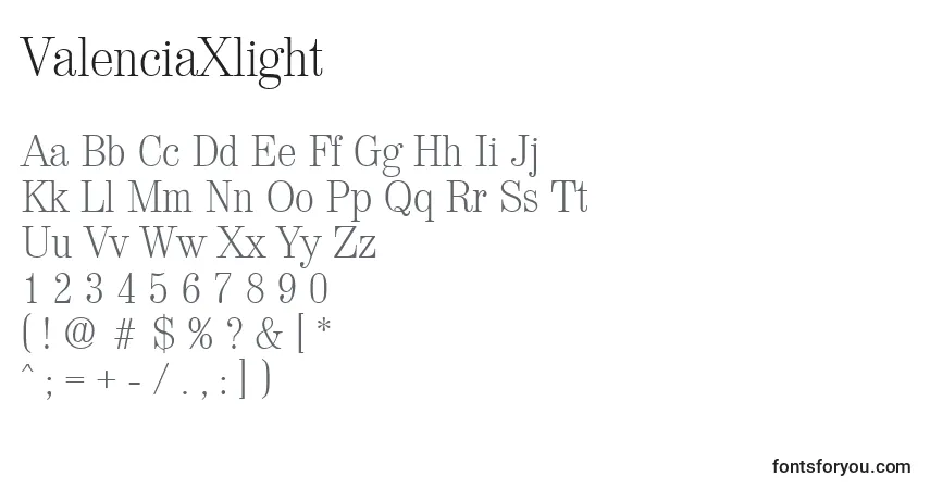 A fonte ValenciaXlight – alfabeto, números, caracteres especiais