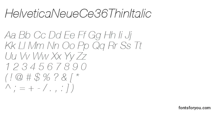 Fuente HelveticaNeueCe36ThinItalic - alfabeto, números, caracteres especiales