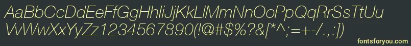HelveticaNeueCe36ThinItalicフォントについての詳細 フォントHelveticaNeueCe36ThinItalic – 黒い背景に黄色の文字