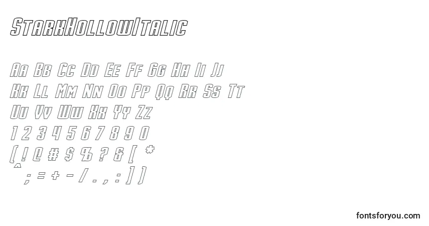 Шрифт StarkHollowItalic – алфавит, цифры, специальные символы