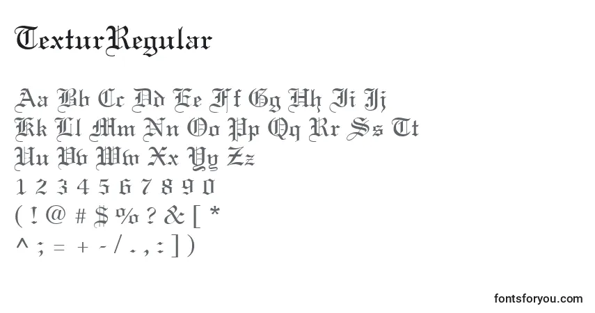 Czcionka TexturRegular – alfabet, cyfry, specjalne znaki