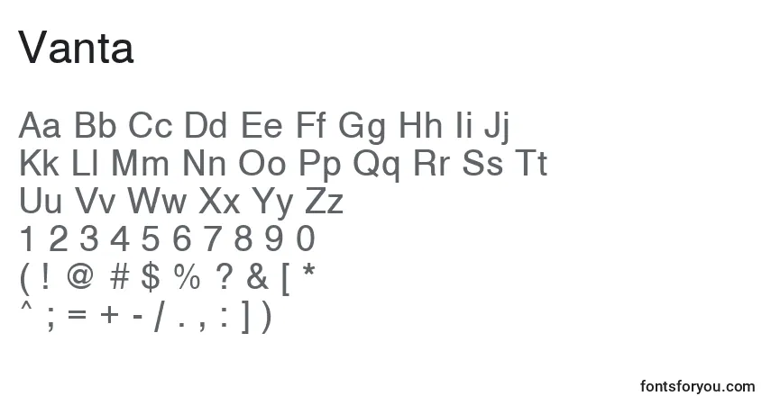 Czcionka Vanta – alfabet, cyfry, specjalne znaki