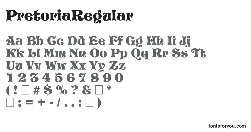 Czcionka PretoriaRegular – alfabet, cyfry, specjalne znaki