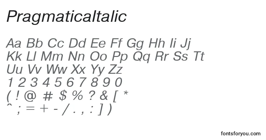 Czcionka PragmaticaItalic – alfabet, cyfry, specjalne znaki