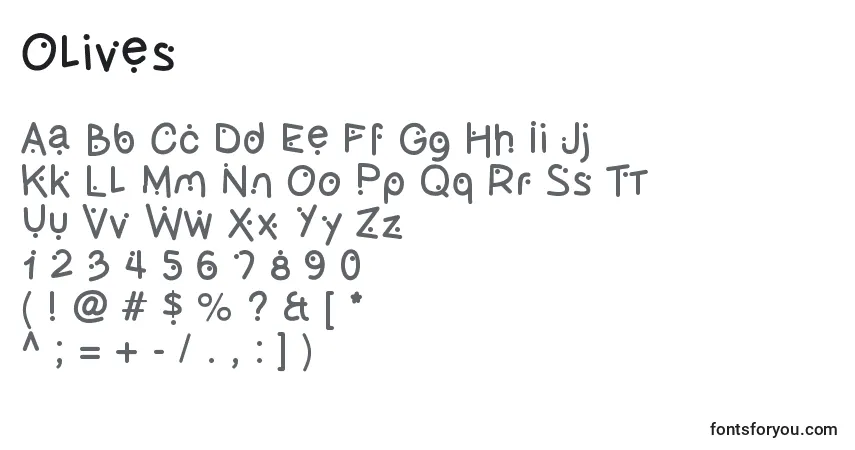 Czcionka Olives – alfabet, cyfry, specjalne znaki