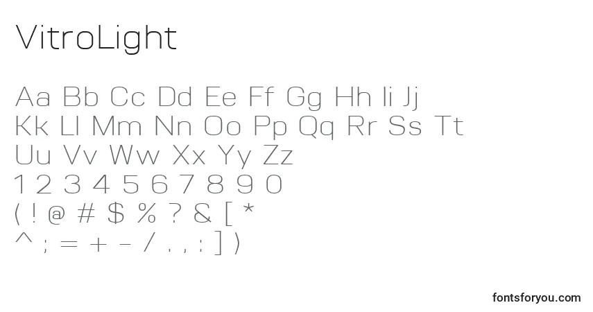 A fonte VitroLight – alfabeto, números, caracteres especiais