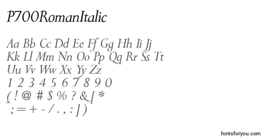 Czcionka P700RomanItalic – alfabet, cyfry, specjalne znaki