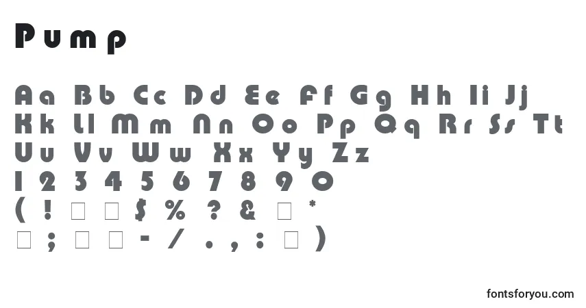 Schriftart Pump – Alphabet, Zahlen, spezielle Symbole