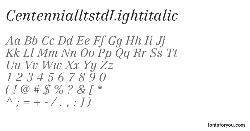 Шрифт CentennialltstdLightitalic – алфавит, цифры, специальные символы