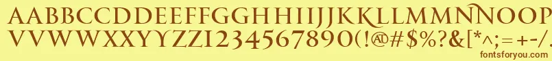 フォントPfmonumentaproRegular – 茶色の文字が黄色の背景にあります。