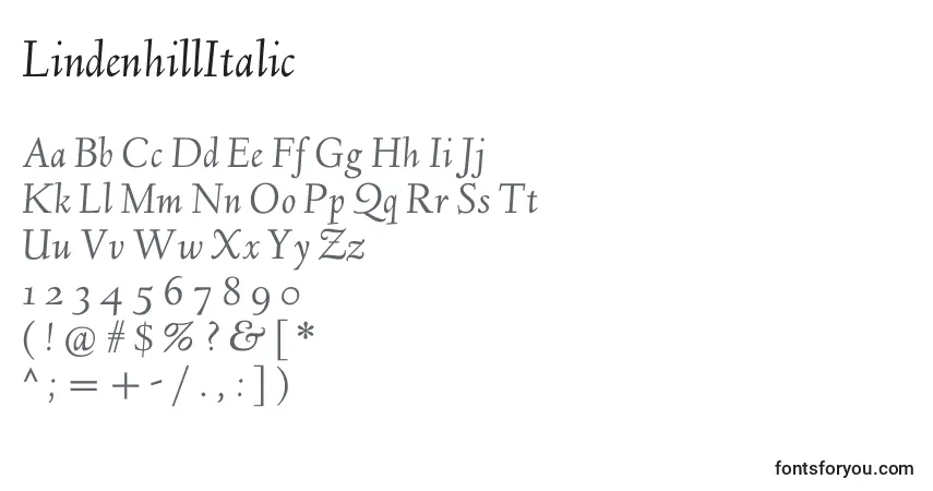 A fonte LindenhillItalic – alfabeto, números, caracteres especiais