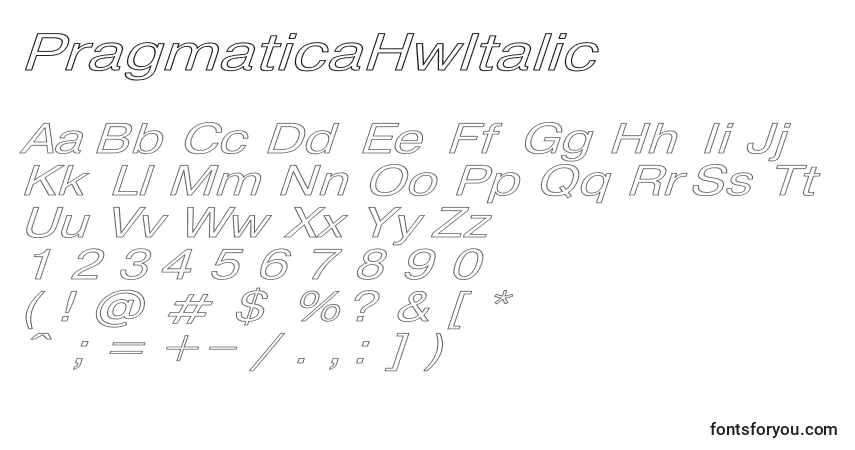Czcionka PragmaticaHwItalic – alfabet, cyfry, specjalne znaki