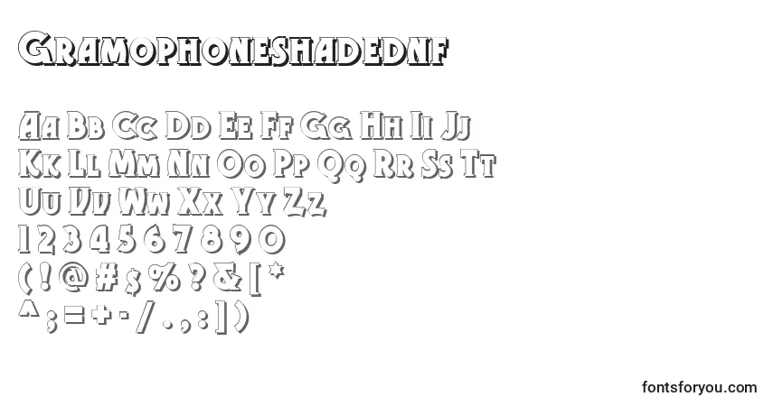 A fonte Gramophoneshadednf – alfabeto, números, caracteres especiais