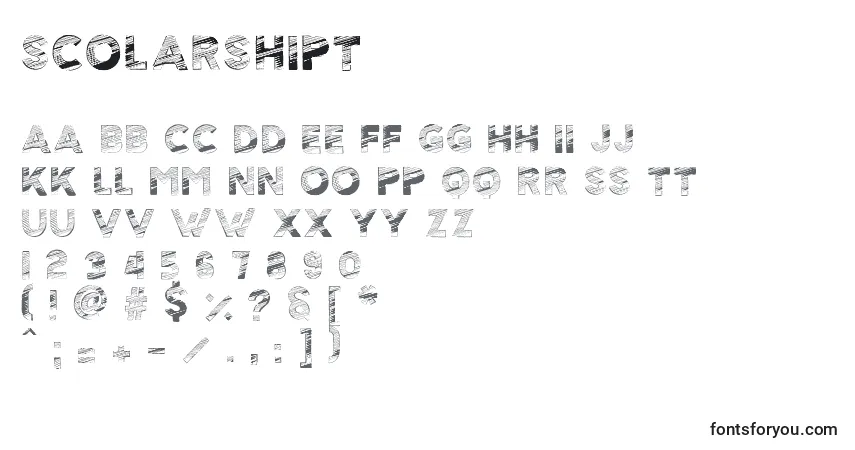 A fonte ScolarshipT – alfabeto, números, caracteres especiais