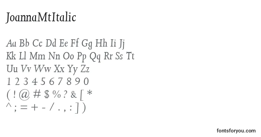 Шрифт JoannaMtItalic – алфавит, цифры, специальные символы