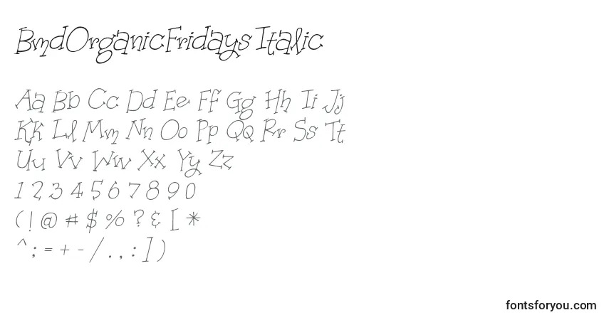 BmdOrganicFridaysItalic Font – alphabet, numbers, special characters