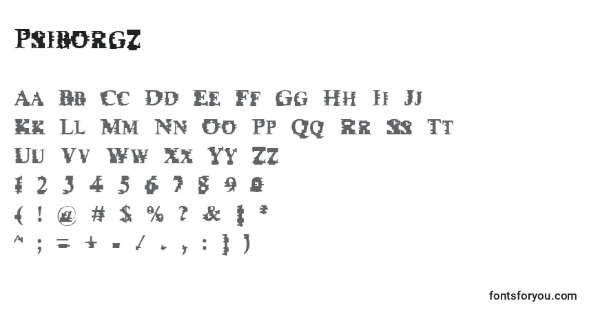 A fonte Psiborgz – alfabeto, números, caracteres especiais