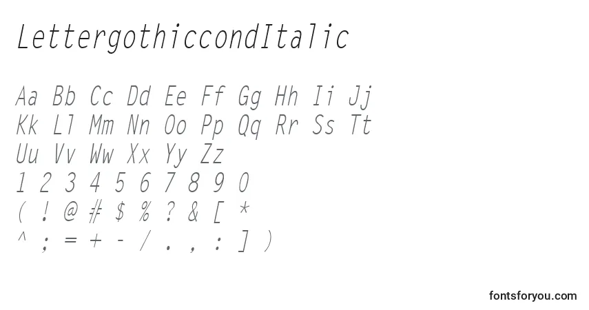 Schriftart LettergothiccondItalic – Alphabet, Zahlen, spezielle Symbole
