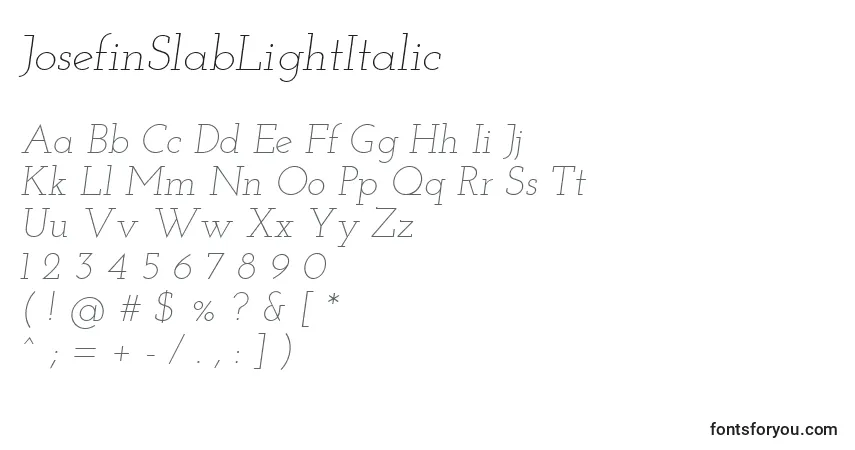 A fonte JosefinSlabLightItalic – alfabeto, números, caracteres especiais