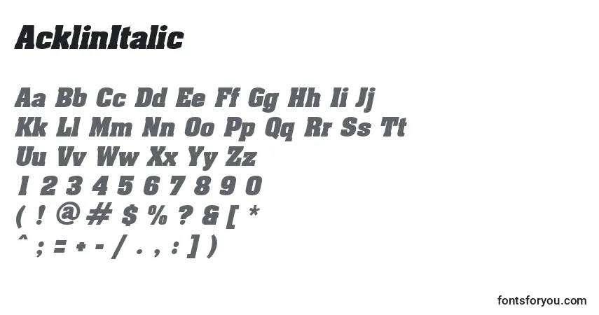 Schriftart AcklinItalic – Alphabet, Zahlen, spezielle Symbole