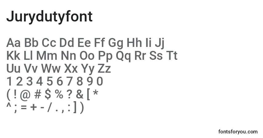 Schriftart Jurydutyfont – Alphabet, Zahlen, spezielle Symbole