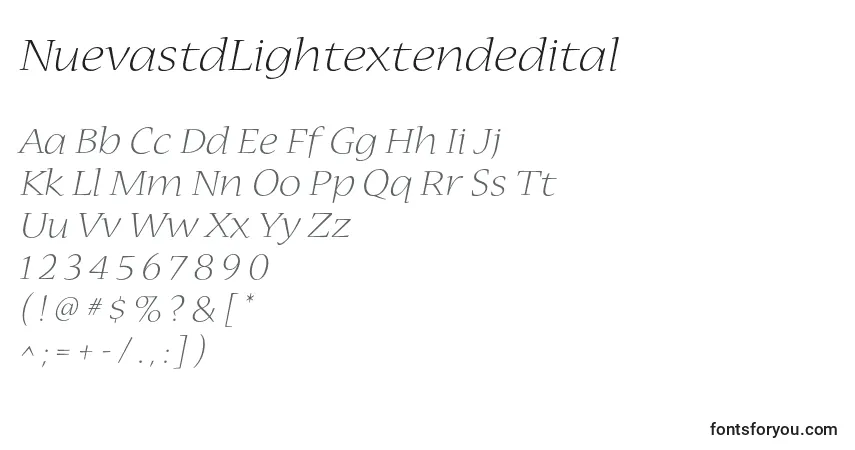 Шрифт NuevastdLightextendedital – алфавит, цифры, специальные символы