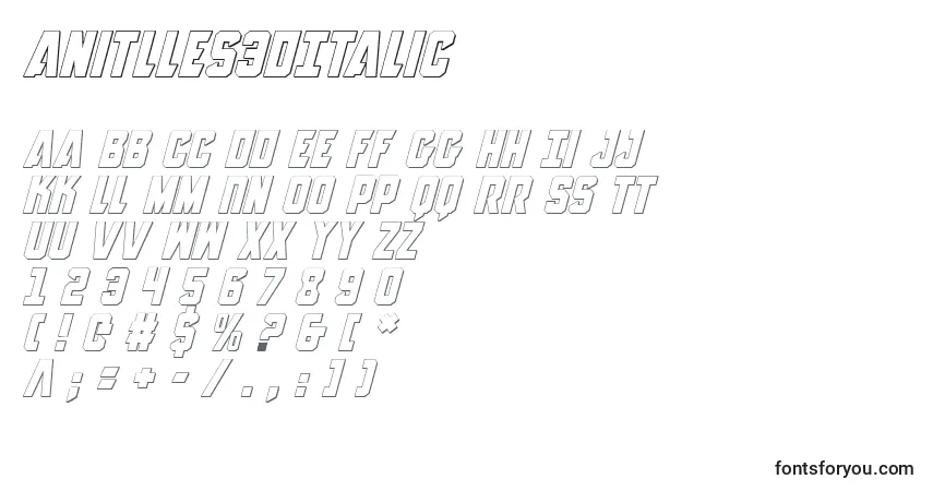 Шрифт Anitlles3DItalic – алфавит, цифры, специальные символы