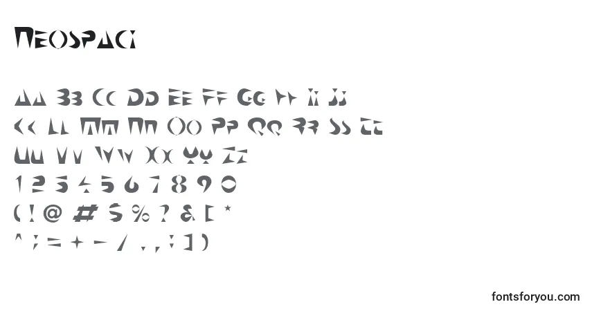 Czcionka Neospaci – alfabet, cyfry, specjalne znaki