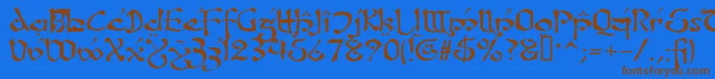 フォントFanjoLeoda – 茶色の文字が青い背景にあります。