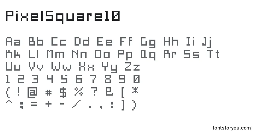Czcionka PixelSquare10 – alfabet, cyfry, specjalne znaki