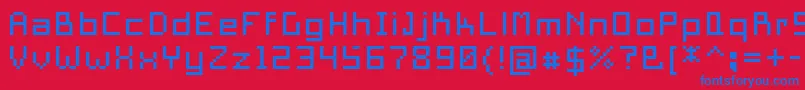 PixelSquare10-Schriftart – Blaue Schriften auf rotem Hintergrund