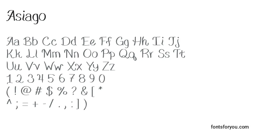 Czcionka Asiago – alfabet, cyfry, specjalne znaki