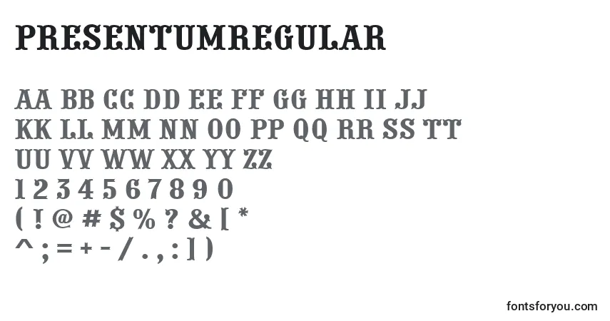 Czcionka PresentumRegular – alfabet, cyfry, specjalne znaki
