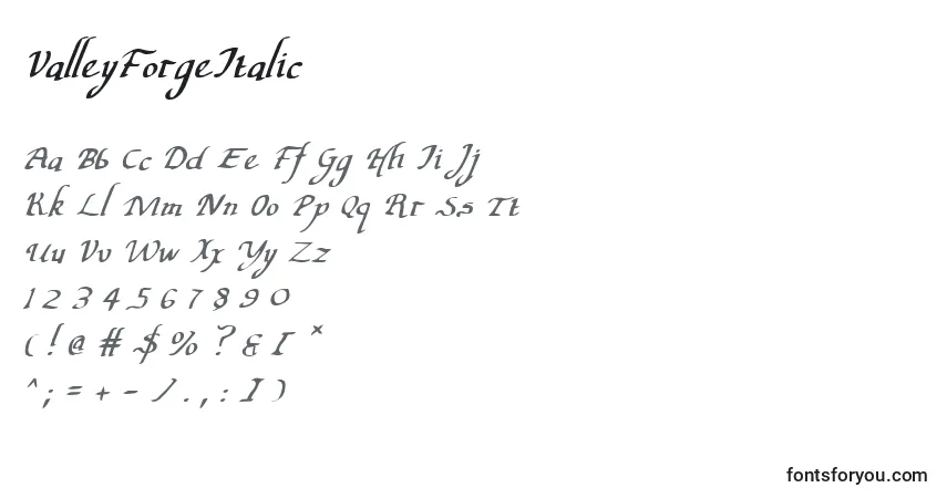 Шрифт ValleyForgeItalic – алфавит, цифры, специальные символы