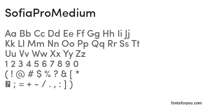 A fonte SofiaProMedium – alfabeto, números, caracteres especiais