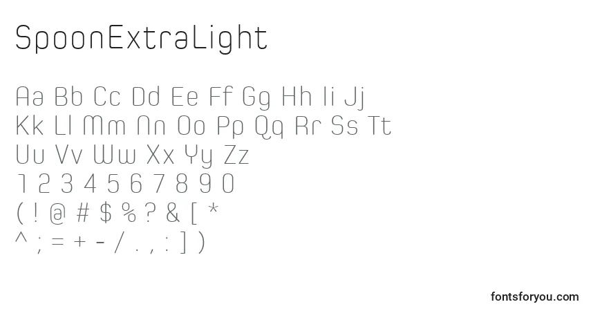 A fonte SpoonExtraLight – alfabeto, números, caracteres especiais