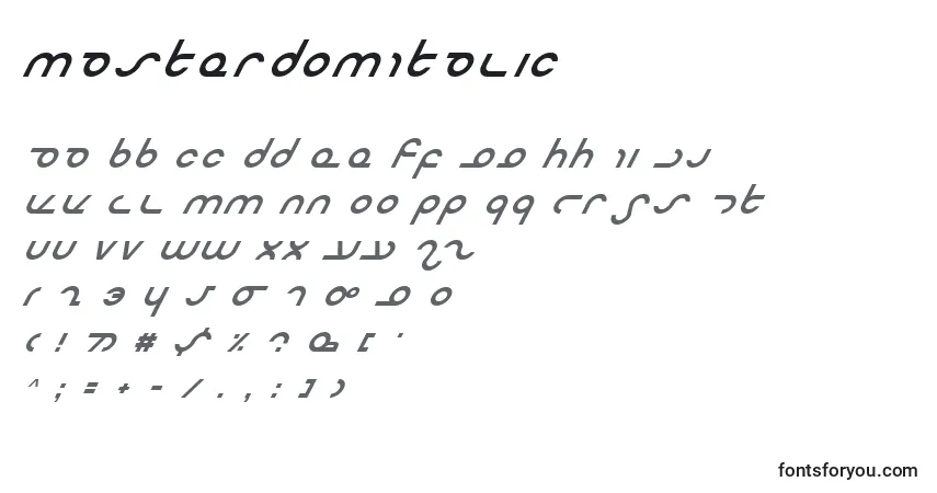 Czcionka MasterdomItalic – alfabet, cyfry, specjalne znaki